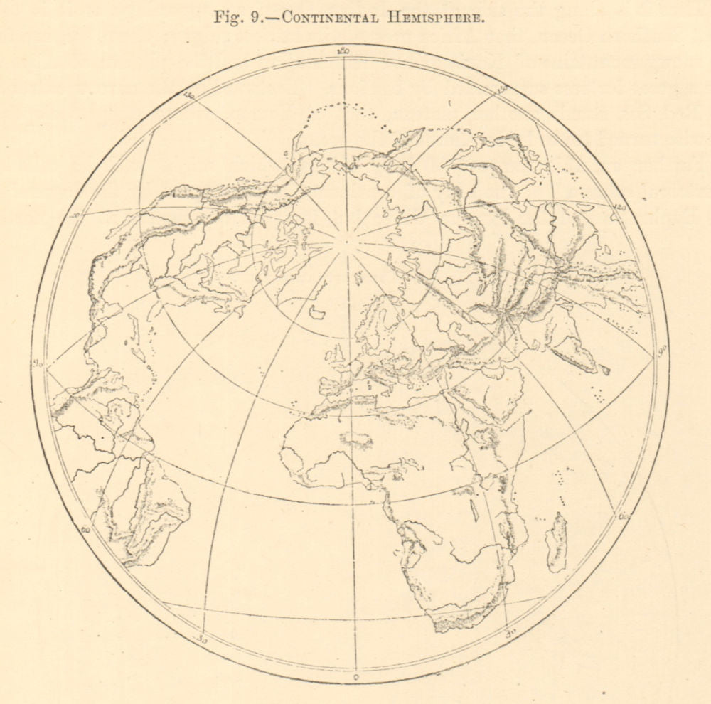 Continental Hemisphere. World. North Pole. Sketch map 1886 old antique